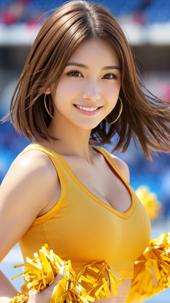 Photorealistic、Masseter muscle area、Highest quality、High resolution、RAW Photos、Realistic、Bright lighting、Face Light、Smooth Professional Lighting、Japanese women、Beautiful woman、Modeled、gravure、y、so beautiful、Realisticで美しい肌、Beautiful and detailed、Detailed face、slim、Large Breeavage、sr、Brunette colored hair、Brown eyes、looking at the camera、Cheerleader、Cheerleader、Cheerleader、smile