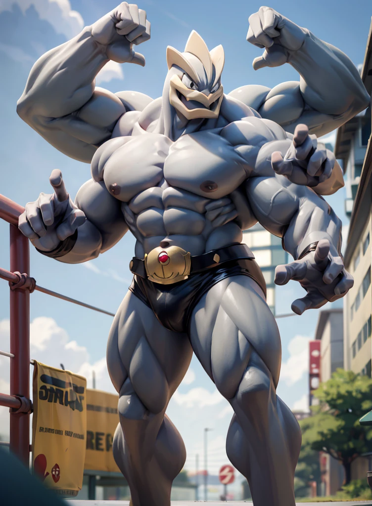Machamp, Pokemon, gray skin, 4 hands, Looking at the viewer, cracks his knuckles, wrestling belt, outside, standing, park, blue sky, high quality, masterpiece,