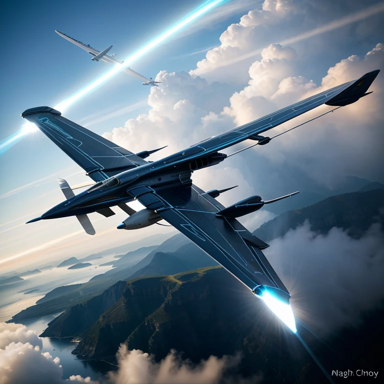 a majestic bird-like aircraft, futuristic aircraft, sleek aerodynamic design, metallic silver body, glowing blue engines, sweeping wings, dynamic flying pose, cinematic lighting, dramatic shadows, photorealistic 8k, intricate details, cinematic composition, awe-inspiring sci-fi aesthetics, vibrant colors, seamless blending of organic and mechanical elements, masterpiece digital art