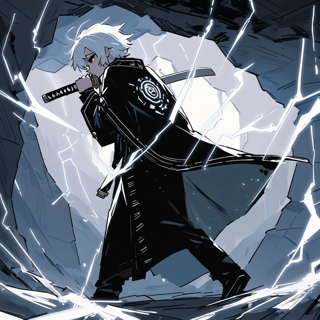 (Best Quality) Dungeonpunk, white portal,
Boy with white hair ( Type of Satoru Gojo ), dark shaped eyes, black robe, black pants, standing backwards, se aproximando ao pequeno white portal que está logo a frente, katana, Electricity in the air, inside a cave, Dungeonpunk, アニメ