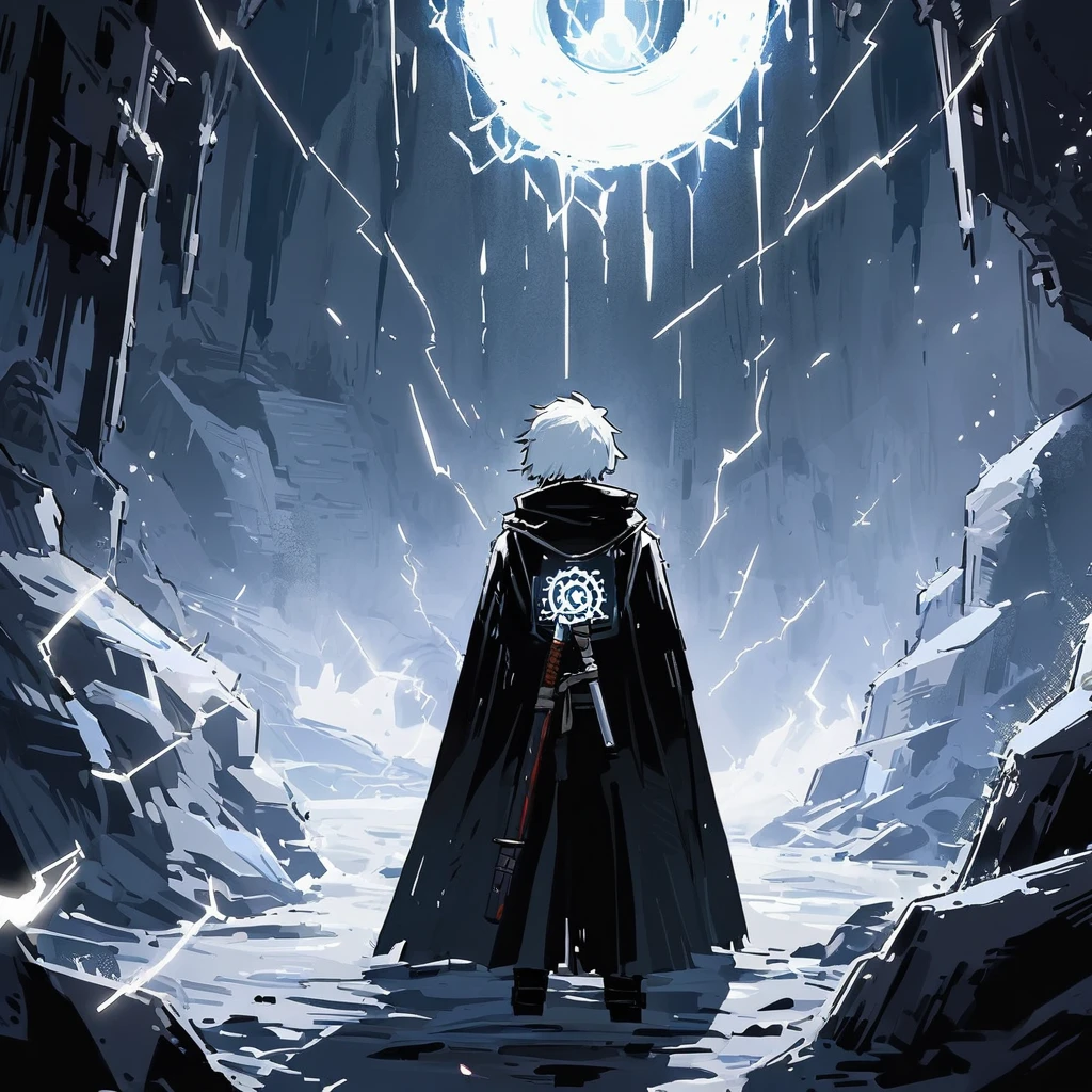 (Best Quality) Dungeonpunk, white portal,
Boy with white hair ( Type of Satoru Gojo ), dark shaped eyes, black robe, black pants, standing backwards, se aproximando ao pequeno white portal que está logo a frente, katana, Electricity in the air, inside a cave, Dungeonpunk, アニメ