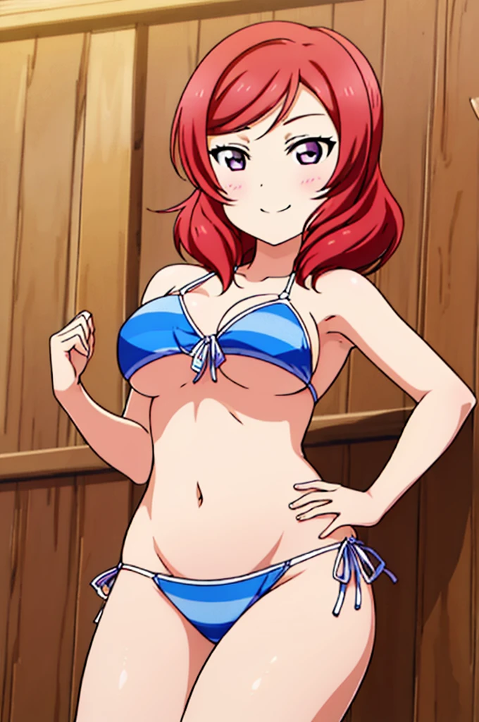 (((pixel-perfect, detail-perfect))), solo, 1girl, maki nishikino, smile, sauna, bikini, armpit, large extreme filesize, ultra High Qality