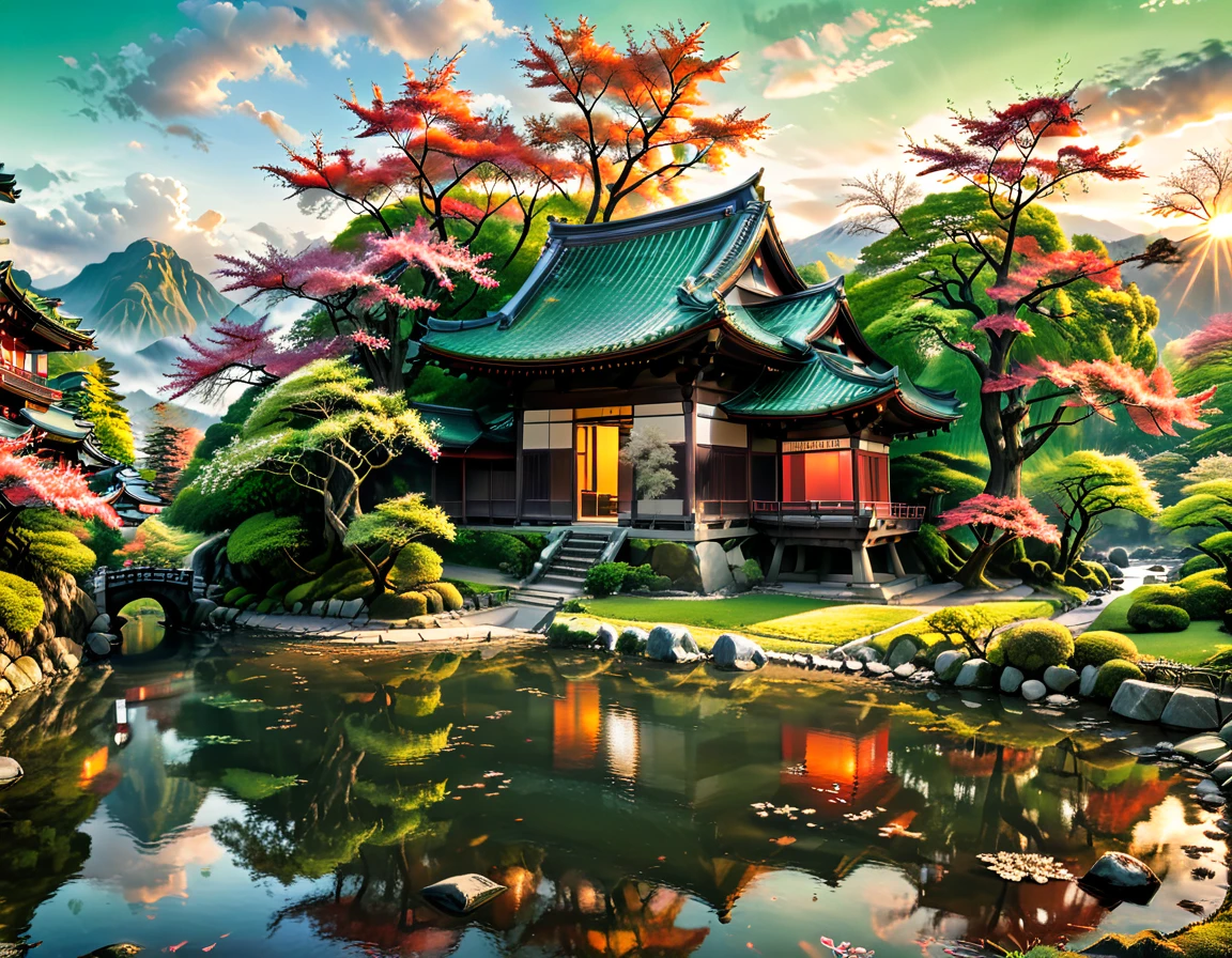 a National Geographic picture of dark Japanese medieval temple, as the sun rises in the horizon, it sits on the bank of a river near surrounded by cherry trees, almond trees, Japanese maple trees, (all trees in many colorful shades of green, red, pin, orange: 1.5) ((all scenery is reflected in the river: 1.5)), an epic ancient Japanese medieval temple, ancient and epic in its majestic antiquity, a sense of serenity, tranquility, divine rays, some clouds, sun rays, (highest quality:1.2, Very detailed, up to date, Vibrant, Ultra-high resolution, High Contrast, masterpiece:1.2, highest quality, Best aesthetics), best details, best quality, highres, ultra wide angle, 16k, [ultra detailed], masterpiece, best quality, (extremely detailed: 1.5), Dark Art Painting Style, 3D rendering