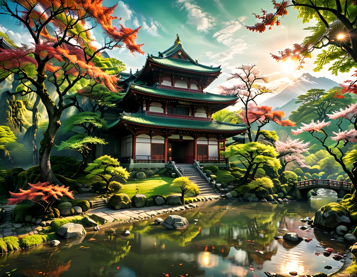 a National Geographic picture of dark Japanese medieval temple, as the sun rises in the horizon, it sits on the bank of a river near surrounded by cherry trees, almond trees, Japanese maple trees, (all trees in many colorful shades of green, red, pin, orange: 1.5) ((all scenery is reflected in the river: 1.5)), an epic ancient Japanese medieval temple, ancient and epic in its majestic antiquity, a sense of serenity, tranquility, divine rays, some clouds, sun rays, (highest quality:1.2, Very detailed, up to date, Vibrant, Ultra-high resolution, High Contrast, masterpiece:1.2, highest quality, Best aesthetics), best details, best quality, highres, ultra wide angle, 16k, [ultra detailed], masterpiece, best quality, (extremely detailed: 1.5), Dark Art Painting Style, 3D rendering