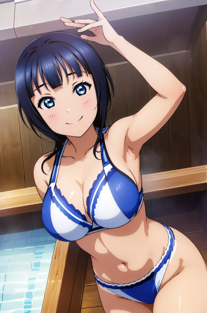 (((pixel-perfect, detail-perfect))), solo, 1girl, Karin asaka, smile, eyes azzur, hair blue, sauna, armpit, bikini, large extreme filesize, ultra High Qality