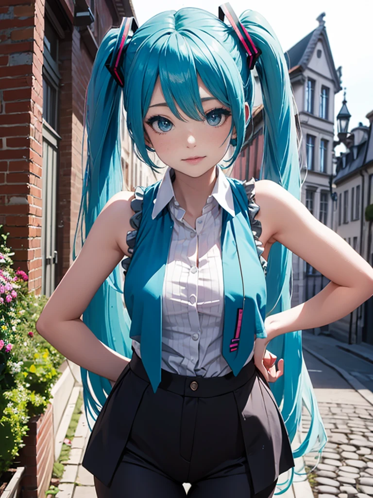 Brussels Old Town、cobblestone、hatsune miku、long hair、Wear a sleeveless zipper-up top、Wear low rise leggings