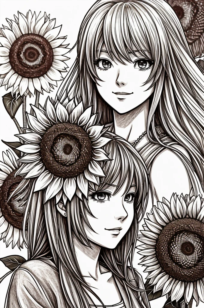 Generate an anime drawing for me that has sunflowers
