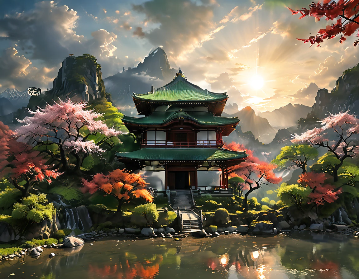 a National Geographic picture of dark Japanese medieval temple, as the sun (rises in the horizon: 1.1), it sits on the bank of a river near surrounded by cherry trees, almond trees, Japanese maple trees, (all trees in many colorful shades of green, red, pin, orange: 1.5) ((all scenery is reflected in the river: 1.5)), an epic ancient Japanese medieval temple, ancient and epic in its majestic antiquity, a sense of serenity, tranquility, divine rays, some clouds, sun rays, (highest quality:1.2, Very detailed, up to date, Vibrant, Ultra-high resolution, High Contrast, masterpiece:1.2, highest quality, Best aesthetics), best details, best quality, highres, ultra wide angle, 16k, [ultra detailed], masterpiece, best quality, (extremely detailed: 1.5), Cinematic Hollywood Film, dark novel