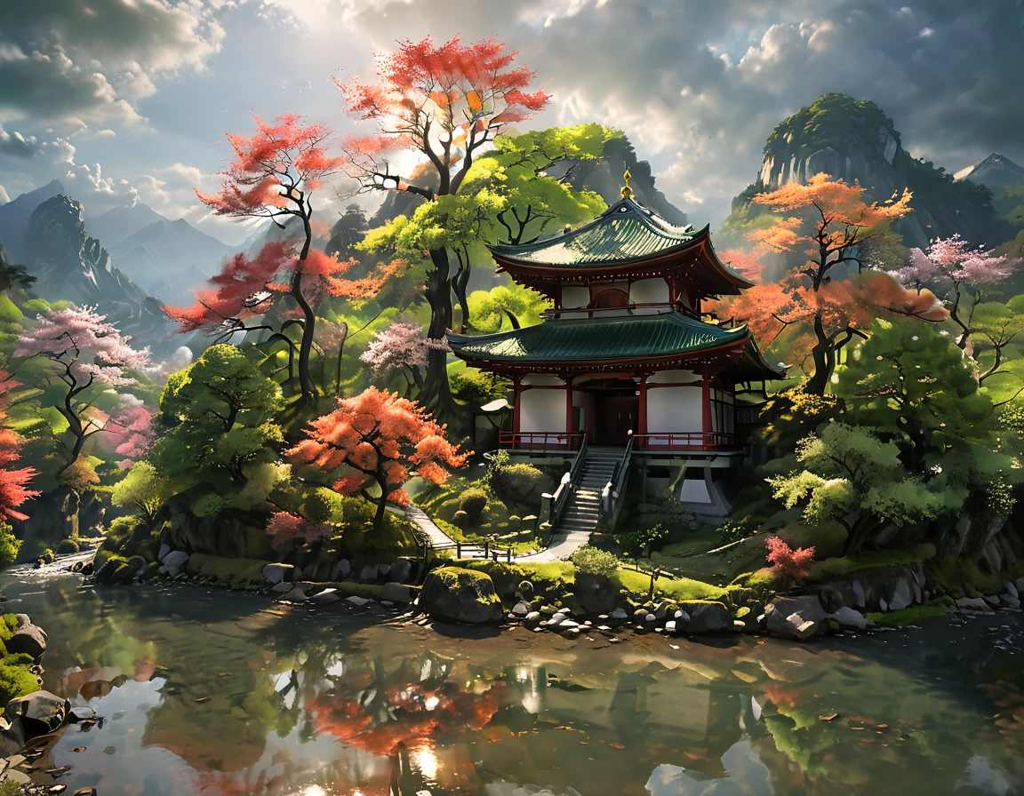 a National Geographic picture of dark Japanese medieval temple, as the sun (rises in the horizon: 1.1), it sits on the bank of a river near surrounded by cherry trees, almond trees, Japanese maple trees, (all trees in many colorful shades of green, red, pin, orange: 1.5) ((all scenery is reflected in the river: 1.5)), an epic ancient Japanese medieval temple, ancient and epic in its majestic antiquity, a sense of serenity, tranquility, divine rays, some clouds, sun rays, (highest quality:1.2, Very detailed, up to date, Vibrant, Ultra-high resolution, High Contrast, masterpiece:1.2, highest quality, Best aesthetics), best details, best quality, highres, ultra wide angle, 16k, [ultra detailed], masterpiece, best quality, (extremely detailed: 1.5), Cinematic Hollywood Film, dark novel
