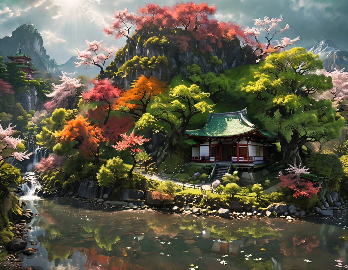a National Geographic picture of dark Japanese medieval temple, as the sun (rises in the horizon: 1.1), it sits on the bank of a river near surrounded by cherry trees, almond trees, Japanese maple trees, (all trees in many colorful shades of green, red, pin, orange: 1.5) ((all scenery is reflected in the river: 1.5)), an epic ancient Japanese medieval temple, ancient and epic in its majestic antiquity, a sense of serenity, tranquility, divine rays, some clouds, sun rays, (highest quality:1.2, Very detailed, up to date, Vibrant, Ultra-high resolution, High Contrast, masterpiece:1.2, highest quality, Best aesthetics), best details, best quality, highres, ultra wide angle, 16k, [ultra detailed], masterpiece, best quality, (extremely detailed: 1.5), Cinematic Hollywood Film, dark novel