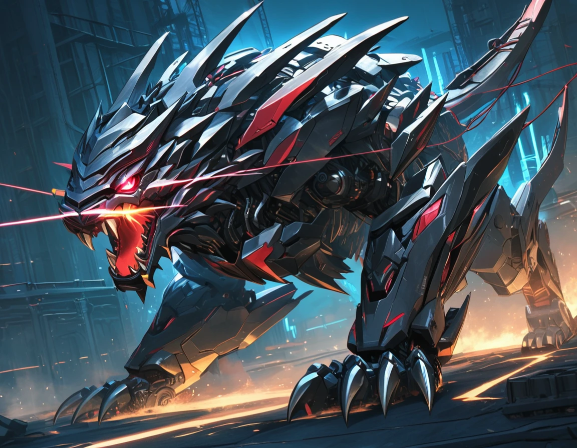 ((Masterpiece)), ((Best Quality)), (Very Detailed), ((Very Detailed)), 4K, (8K), very aesthetic, absurdres highres, create an image of a robotic mechanical beast in the form of a tiger, equipped with weaponry such as laser cannons and missiles suitable for a science fiction story. The mechanical tiger should have intricate details with gears, pistons, and metallic plates, glowing red eyes, steam coming out from its joints, visible wiring, hydraulic tubes, and a sense of wear and tear. It should have an aggressive stance, ready to pounce, with sharp claws and teeth made of polished steel, set against a dark, industrial background with hints of machinery and metal structures, 