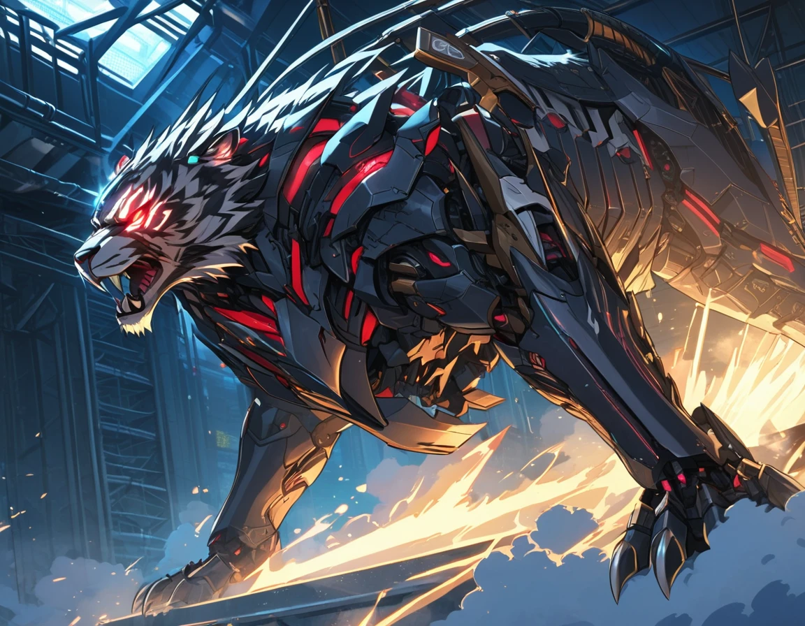 ((Masterpiece)), ((Best Quality)), (Very Detailed), ((Very Detailed)), 4K, (8K), very aesthetic, absurdres highres, create an image of a robotic mechanical beast in the form of a tiger, equipped with weaponry such as laser cannons and missiles suitable for a science fiction story. The mechanical tiger should have intricate details with gears, pistons, and metallic plates, glowing red eyes, steam coming out from its joints, visible wiring, hydraulic tubes, and a sense of wear and tear. It should have an aggressive stance, ready to pounce, with sharp claws and teeth made of polished steel, set against a dark, industrial background with hints of machinery and metal structures,