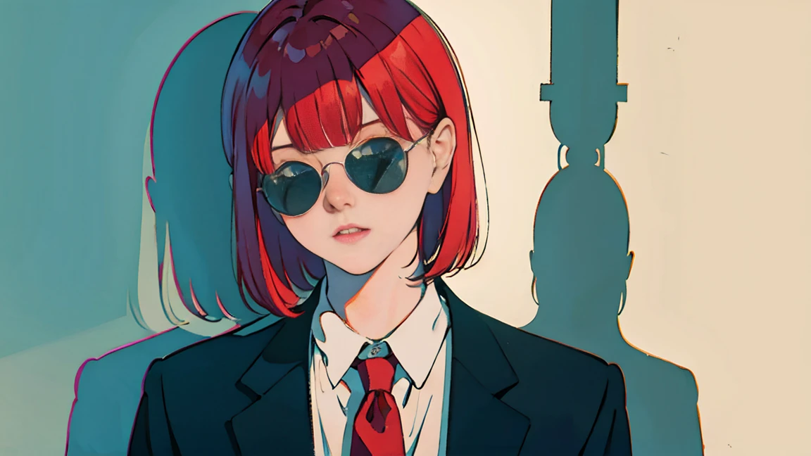 beautiful asian girl with red hair ,perfect face, sunglasses, smoking a white tailor made cigarette, NeonNoir, (backlit: 1.1), hard shadow, masterpiece, best quality, modelshoot style, vintage, film grain