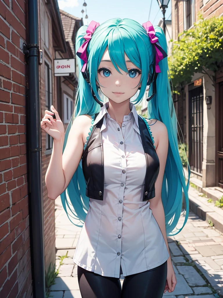 Brussels Old Town、cobblestone、hatsune miku、long hair、Wear a sleeveless zipper-up top、Wear low rise leggings