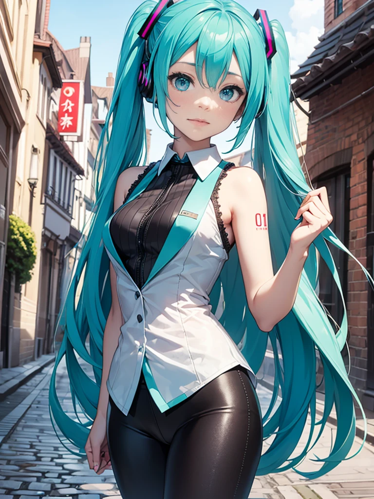 Brussels Old Town、cobblestone、hatsune miku、long hair、Wear a sleeveless zipper-up top、Wear low rise leggings