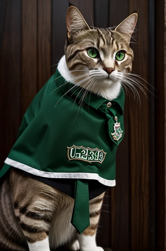 Gato tricolor con uniforme de Slytherin fondo de Hogwarts noche
