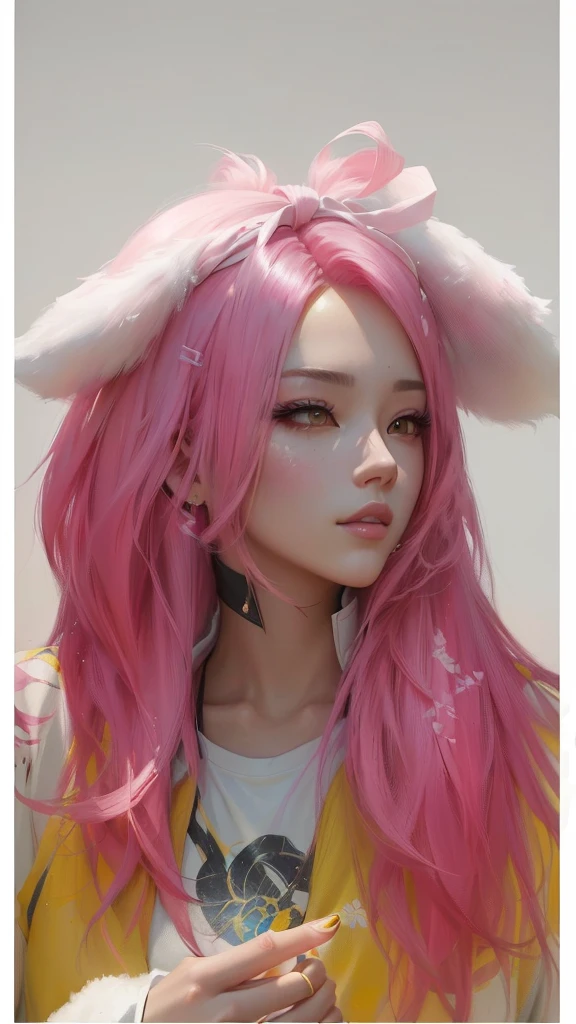 there is a woman with pink hair and a pink and yellow wig, Guweiz, retrato de jisoo de blackpink, painted in anime painter&#39;s studio, obra de arte al estilo de Guweiz, jisoo de blackpink, made with anime painter studio, anime realism style, realistic anime style on pixiv, Jisoo de Blackpink, with pink hair, retrato de jossi de blackpink