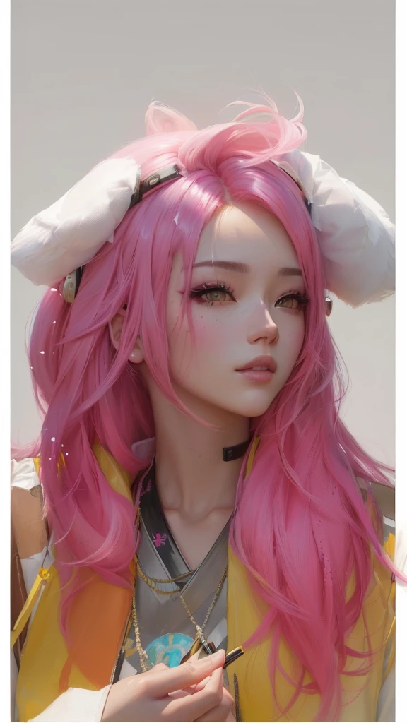 there is a woman with pink hair and a pink and yellow wig, Guweiz, retrato de jisoo de blackpink, painted in anime painter&#39;s studio, obra de arte al estilo de Guweiz, jisoo de blackpink, made with anime painter studio, anime realism style, realistic anime style on pixiv, Jisoo de Blackpink, with pink hair, retrato de jossi de blackpink