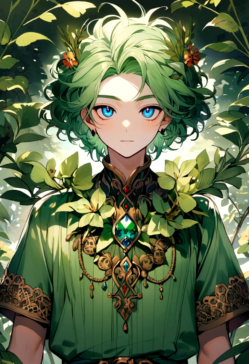a boy with green hair green clothes blue eyes and being beautiful (that is in nature