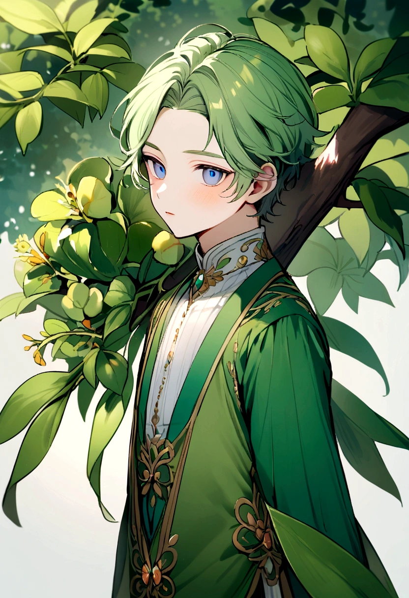 a boy with green hair green clothes blue eyes and being beautiful (that is in nature