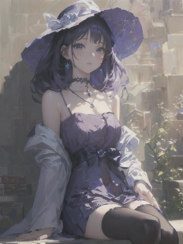 Anime girl in purple dress and hat sitting on a shelf, Gwaiz, artwork in the style of Gwaiz, Gwaiz on pixiv artstation, Gwaiz on artstation pixiv, Anime Style 4 k, Beautiful anime portraits, Anime Style. 8K, Gwaiz masterpiece, Anime Girl Portrait, Beautiful Anime Girls
