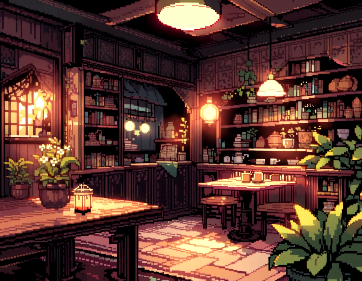 There is a living room,There are a lot of books on the shelves, cozy cafe background, cozy place, cozy environment, designed for cozy aesthetics, Relaxing concept art, cozy home background, Cozy atmosphere, pleasant cozy atmosphere, highly detailed scenario, a multidimensional cozy tavern, cozy and peaceful atmosphere, cozy living room background, cozy environment, cosy atmoshpere, highly detailed environments,Pixel art