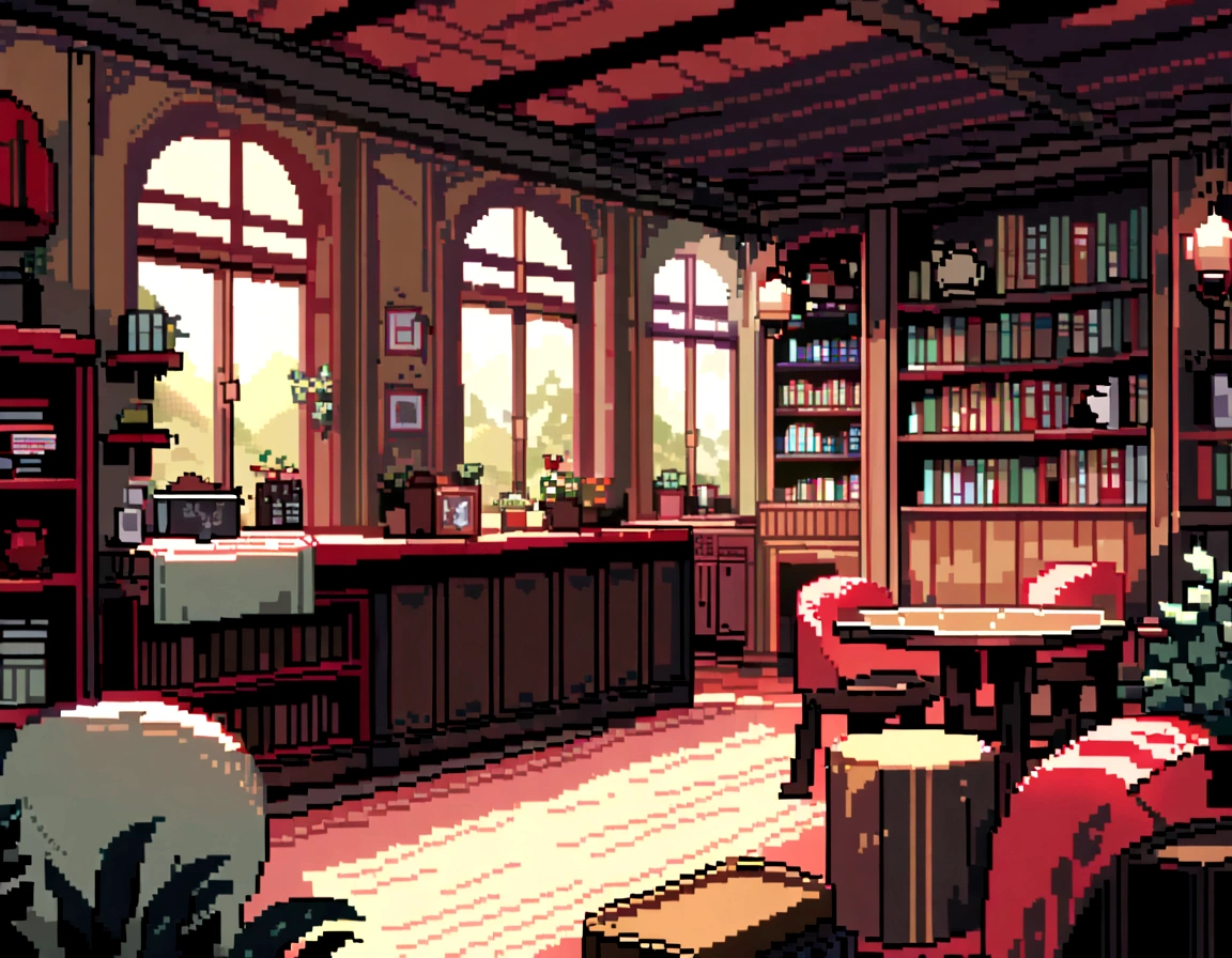 There is a living room,There are a lot of books on the shelves, cozy cafe background, cozy place, cozy environment, designed for cozy aesthetics, Relaxing concept art, cozy home background, Cozy atmosphere, pleasant cozy atmosphere, highly detailed scenario, a multidimensional cozy tavern, cozy and peaceful atmosphere, cozy living room background, cozy environment, cosy atmoshpere, highly detailed environments,Pixel art