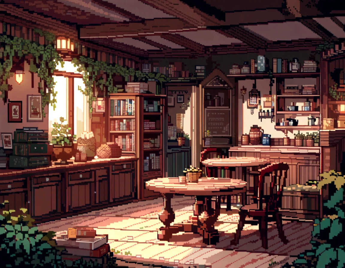 There is a living room，There are a lot of books on the shelves, cozy cafe background, cozy place, cozy environment, designed for cozy aesthetics, Relaxing concept art, cozy home background, Cozy atmosphere, pleasant cozy atmosphere, highly detailed scenario, a multidimensional cozy tavern, cozy and peaceful atmosphere, cozy living room background, cozy environment, cosy atmoshpere, highly detailed environments，Pixel art