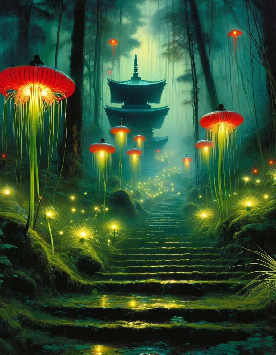 Masterpiece, best quality, 8K, high res, ultra-detailed, no humans, beautiful view, ultra -detailed, fine detailed, highly detailed, intricate, highly detailed, ultra-detailed, scenery, misty atmosphere, solitary, intricate details, delicate features, deep forest, wisps of light, pristine, japanese temple, mysticism, night, red lanterns burning, fireflies, fiery butterflies, gloomy atmosphere, temple in the forest, mossy stairway in the temple, mysterious forest, dilapidated temple, sanctuary, will-o'-the-wisps, dilapidated temple, field of spider lily flowers,wild nature oil painting (art inspired by Bill Sienkiewicz). oil painting)