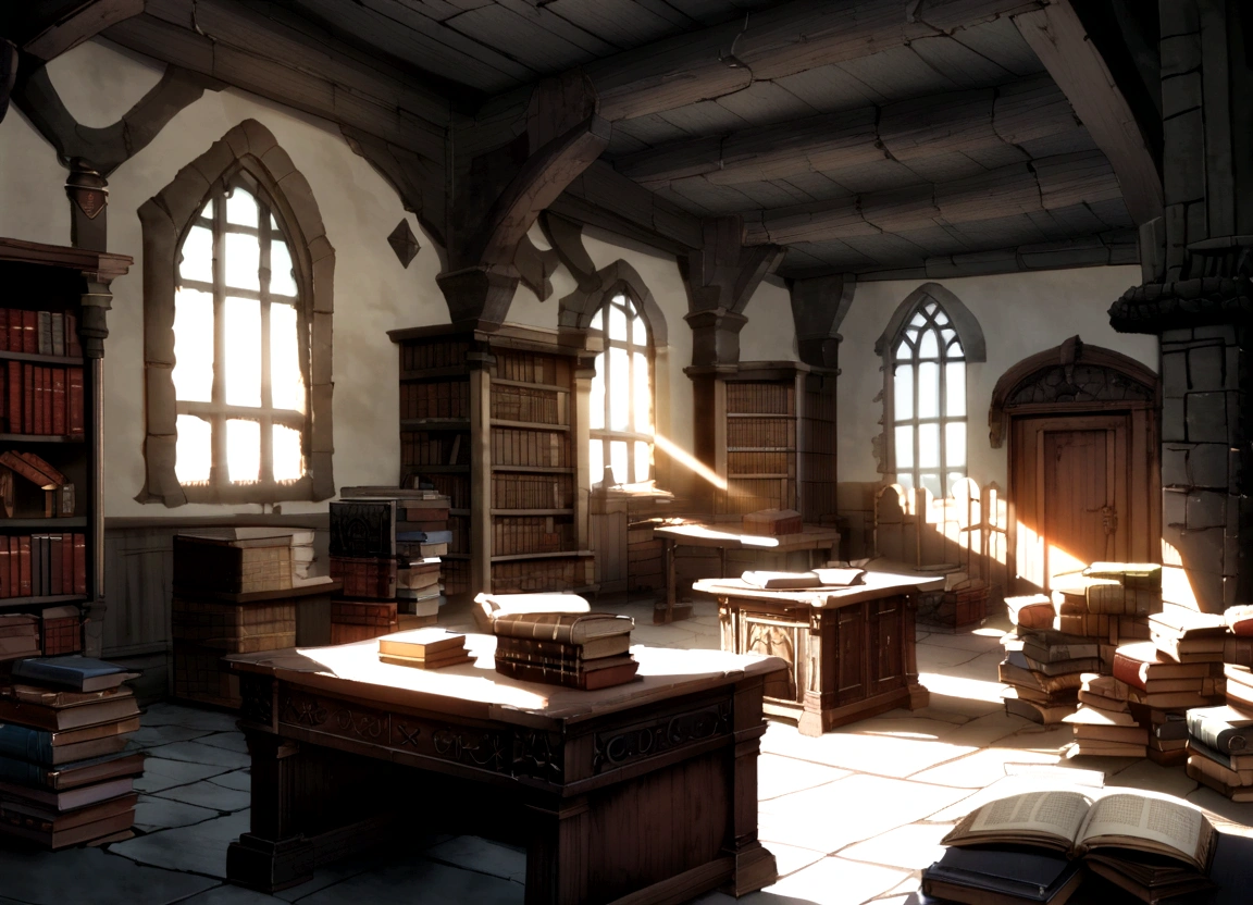 medieval fantasy castle room with books and tomes and desk, bright morning light