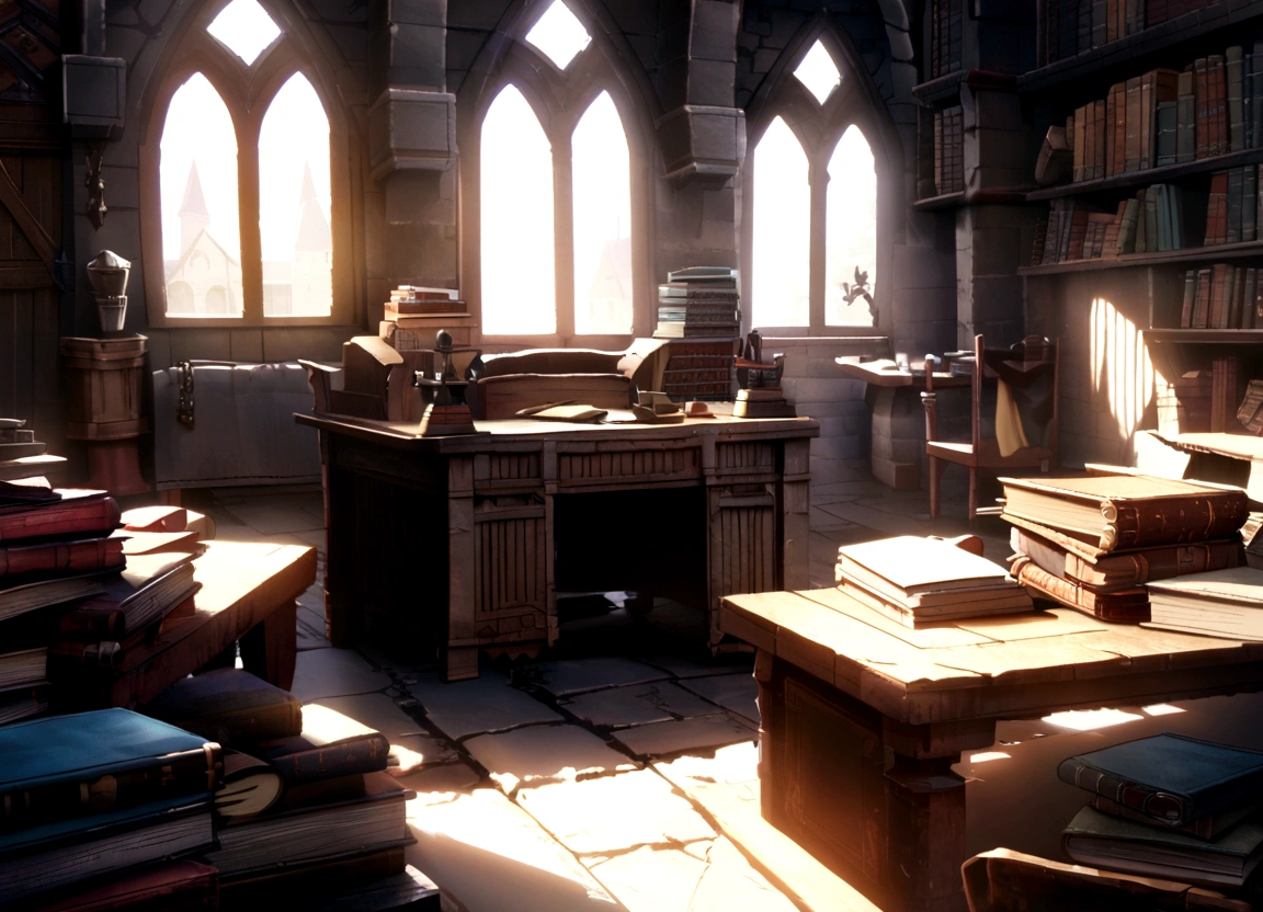 medieval fantasy castle room with books and tomes and desk, bright morning light