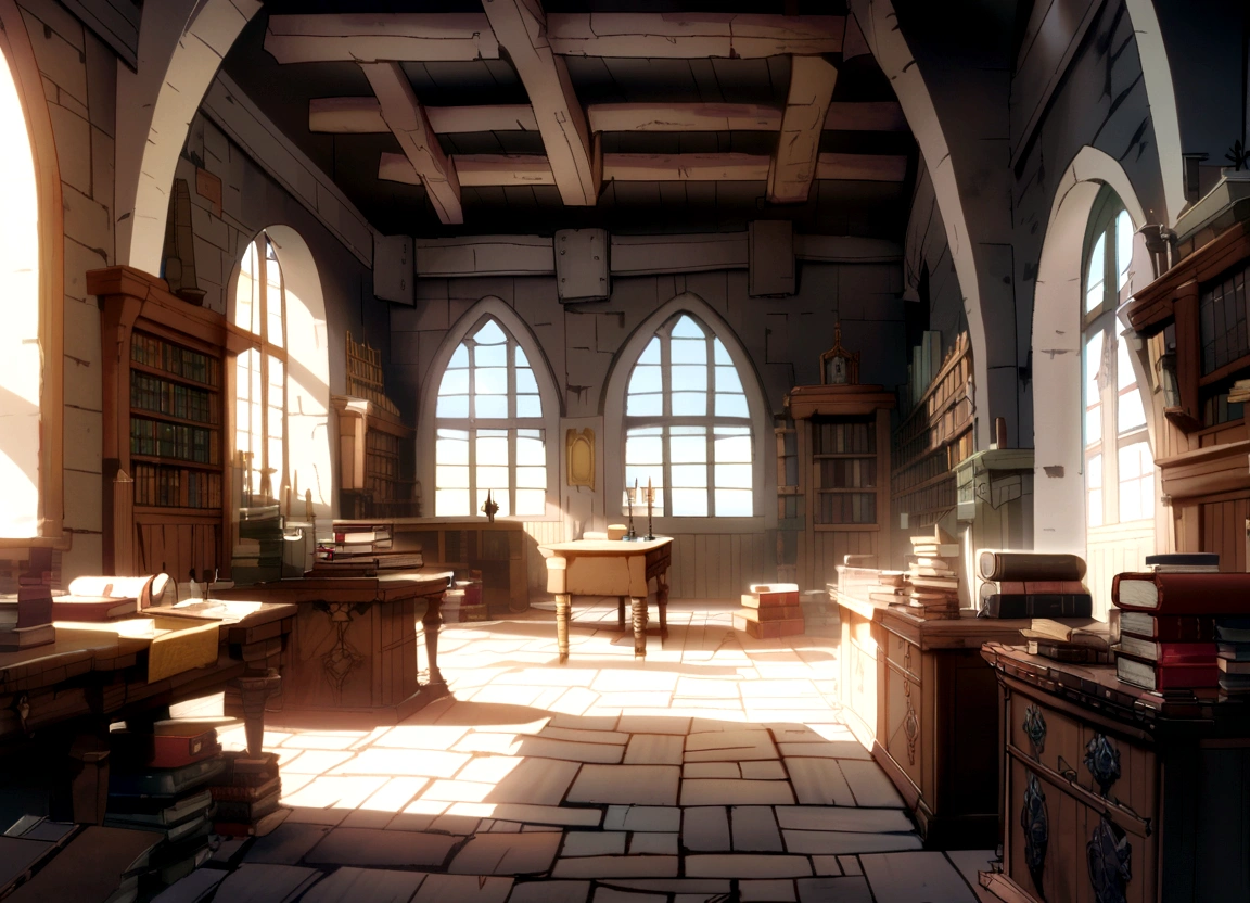 medieval fantasy castle room with books and tomes and desk, bright morning light