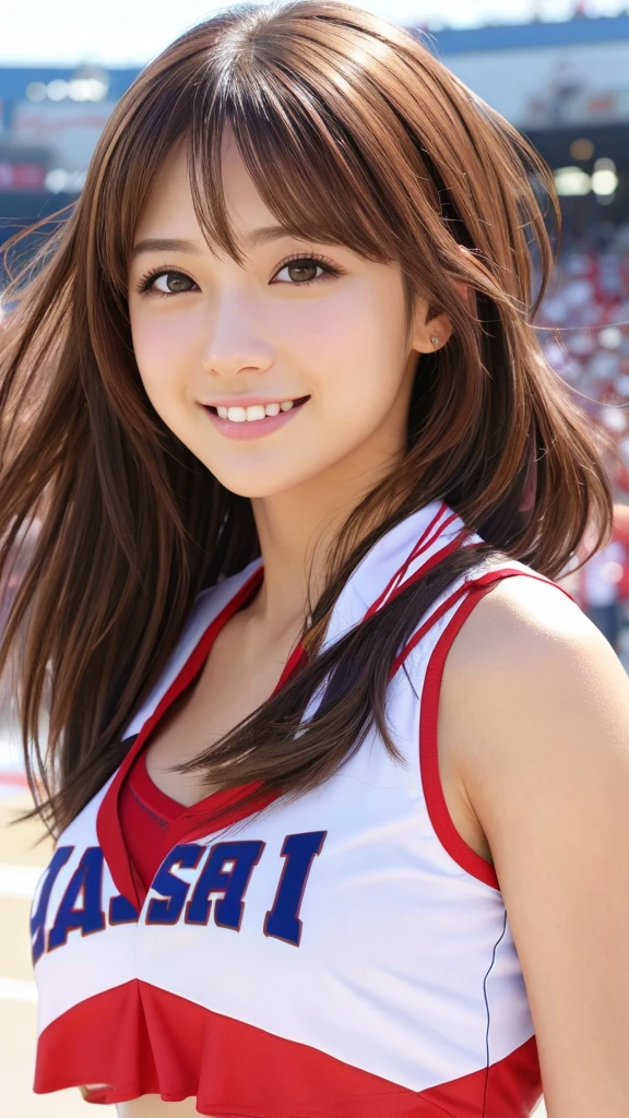 Photorealistic、Masseter muscle area、Highest quality、High resolution、RAW Photos、Realistic、Bright lighting、Face Light、Smooth Professional Lighting、Japanese women、Beautiful woman、Modeled、gravure、sexy、so beautiful、Realisticで美しい肌、Beautiful and detailed、Detailed face、slim、Large Breasts、Cleavage、short hair、Brunette colored hair、Brown eyes、looking at the camera、Cheerleader、Cheerleader、Cheerleader、smile