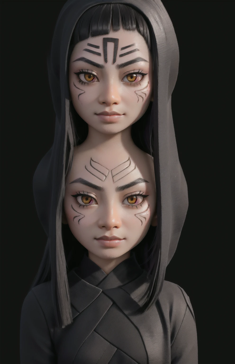 Aarav woman with black background and dark background, The detailed face of an Asian girl, Asian face, Amazing portrait of uuen, dirt on face, Realistic facial mood lighting, Stunning images of anonymous people, rotting skin,, Black scars on her face, Stunning light on the face, Real human face with skin, The face has scars.