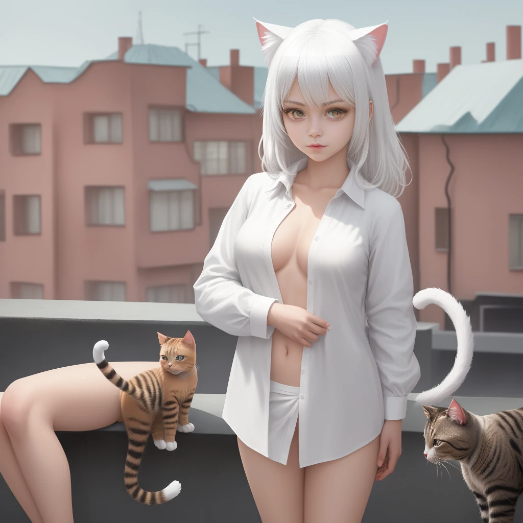1girl, ebenya, looking at viewer, white hair, neko, cat ears, cat tail, white shirt, open clothes, russian city, ba-shiroko