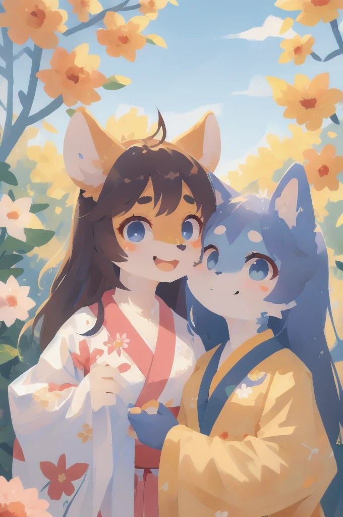 1bou, yuri, smile, happy, kimono, blue sky, flowers, looking at viewer,, (anthro, furry, kemono:1.3), (best quality, masterpiece, illustration, ultra-detailed:1.3)