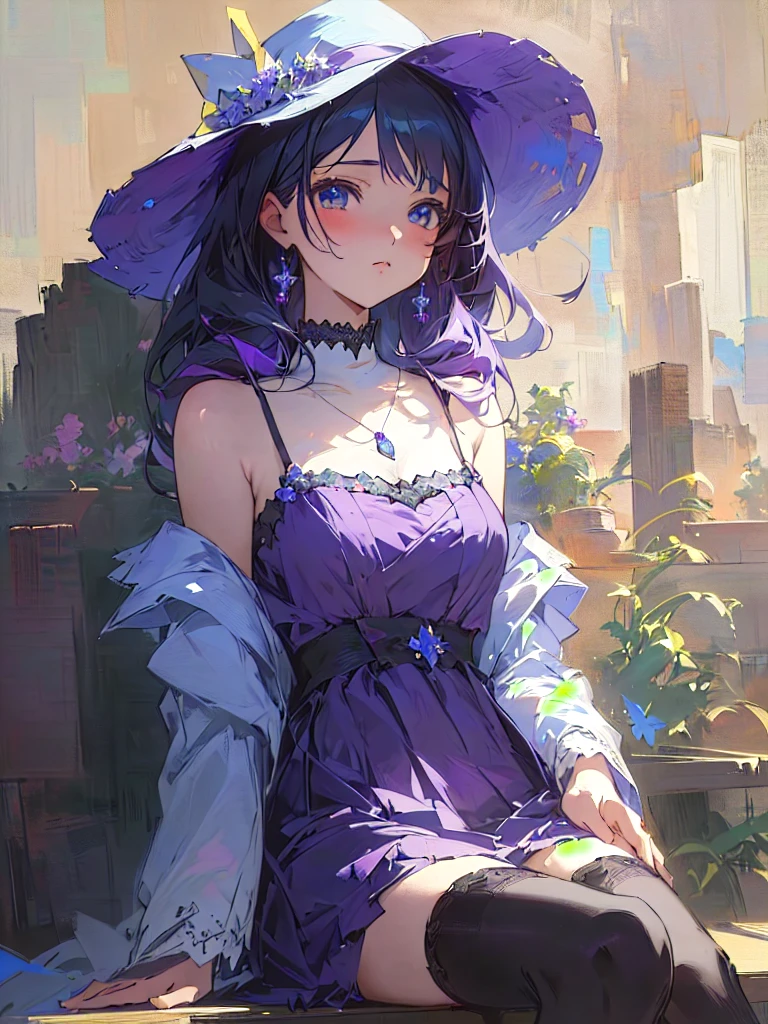Anime girl in purple dress and hat sitting on a shelf, Gwaiz, artwork in the style of Gwaiz, Gwaiz on pixiv artstation, Gwaiz on artstation pixiv, Anime Style 4 k, Beautiful anime portraits, Anime Style. 8K, Gwaiz masterpiece, Anime Girl Portrait, Beautiful Anime Girls