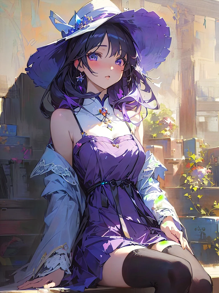 Anime girl in purple dress and hat sitting on a shelf, Gwaiz, artwork in the style of Gwaiz, Gwaiz on pixiv artstation, Gwaiz on artstation pixiv, Anime Style 4 k, Beautiful anime portraits, Anime Style. 8K, Gwaiz masterpiece, Anime Girl Portrait, Beautiful Anime Girls