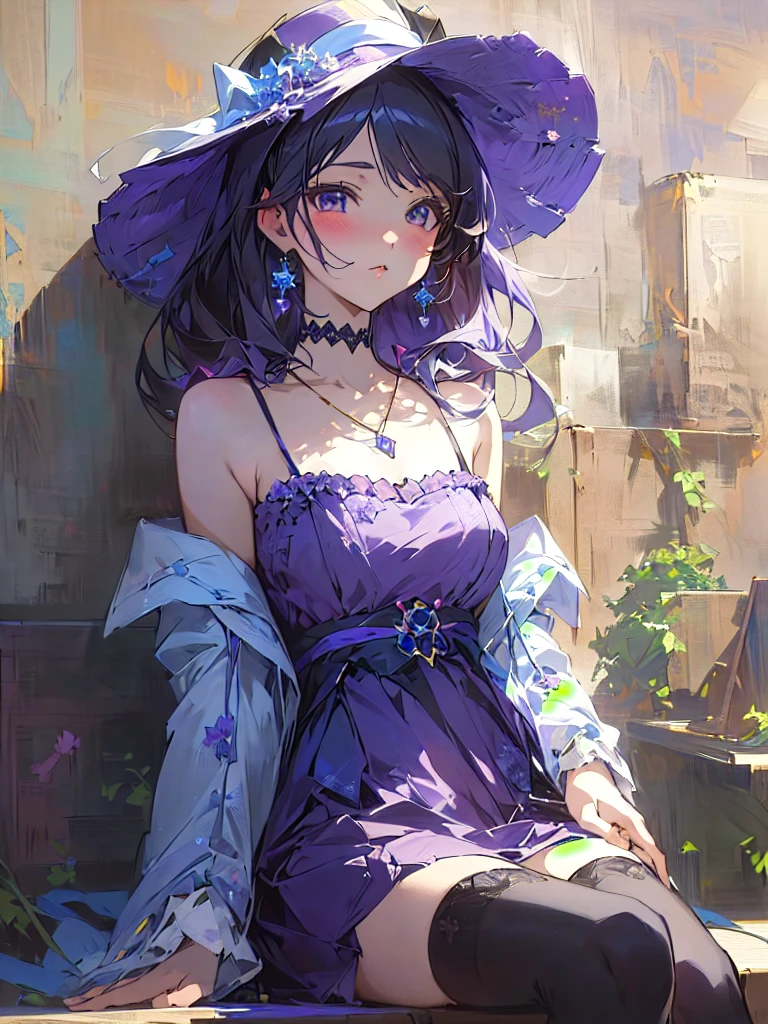 Anime girl in purple dress and hat sitting on a shelf, Gwaiz, artwork in the style of Gwaiz, Gwaiz on pixiv artstation, Gwaiz on artstation pixiv, Anime Style 4 k, Beautiful anime portraits, Anime Style. 8K, Gwaiz masterpiece, Anime Girl Portrait, Beautiful Anime Girls