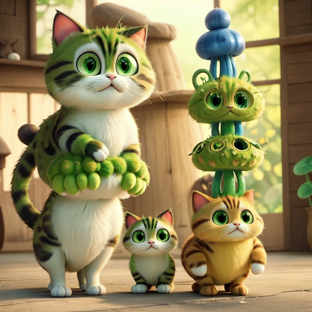 The cat wears a "matcha green poisonous mushroom" on his head。
Its body is like a poisonous mushroom,body becomes round,The feet also become round and short,But without losing the cat’s hair。
Eyes become round and big,One green eye,The other eye is sapphire blue。
The tail is a cat's tail,The head of the tail is like the head of a poisonous mushroom