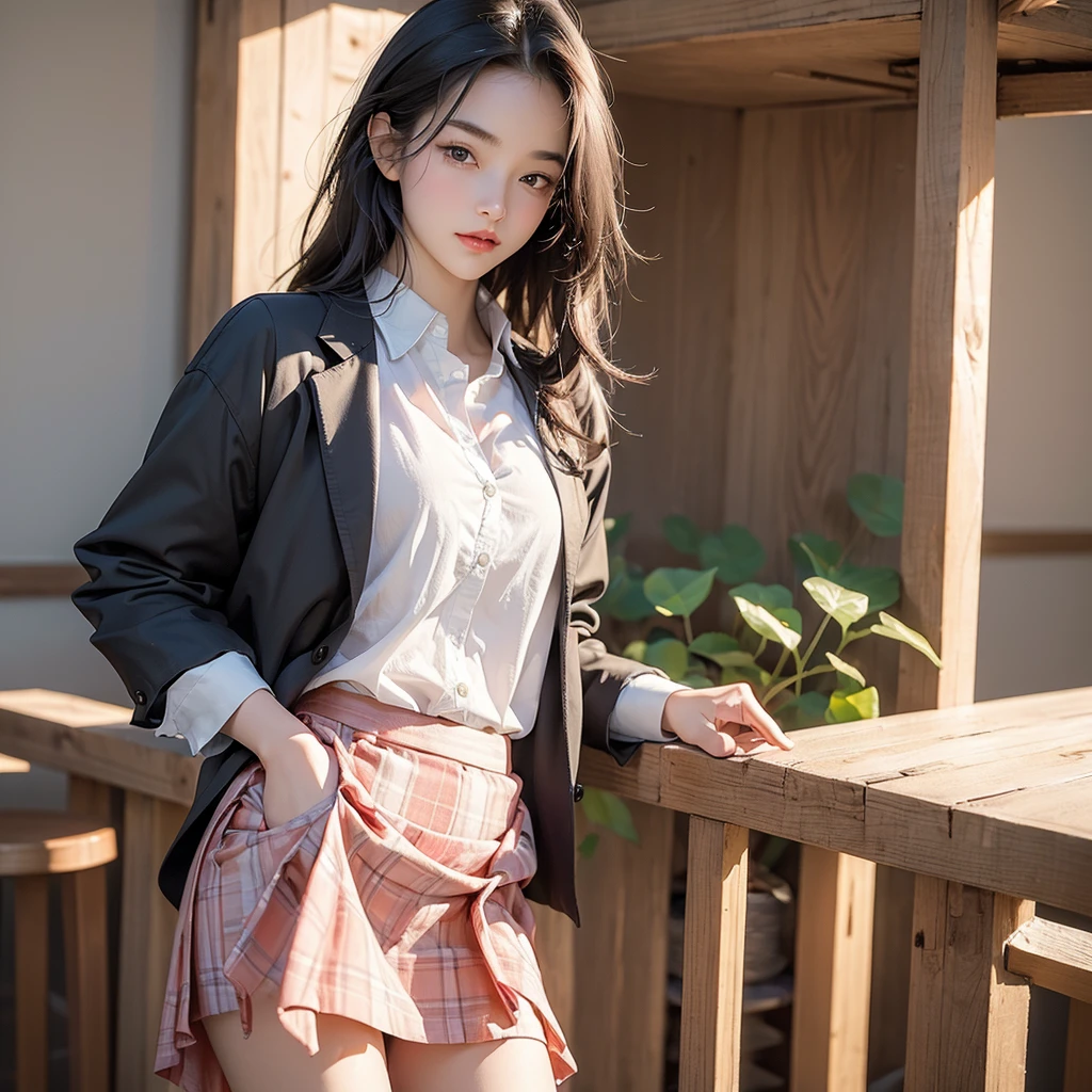 ((masterpiece:1.2, Highest quality, High resolution, 8K, Super detailed:1.2, Realistic:1.37)), pretty girl (((slouch))):1.5, In the classroom, The whole body is visible:1.5, 学生Clothes(blazer+Checked skirt), Beautiful delicate(hair,face,eye,lips,Clothes),Delicate eyes,sparkling eye,bright rosy lips, Tilt your head,