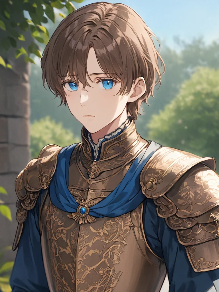 high_quality, 4k, masterpiece, 1boy, solo, ear-length brown hair, blue eyes, adult, Victorian era clothing, cuirass_chestplate, stoic expression, fair-skinned, looking_at_viewer, outdoors