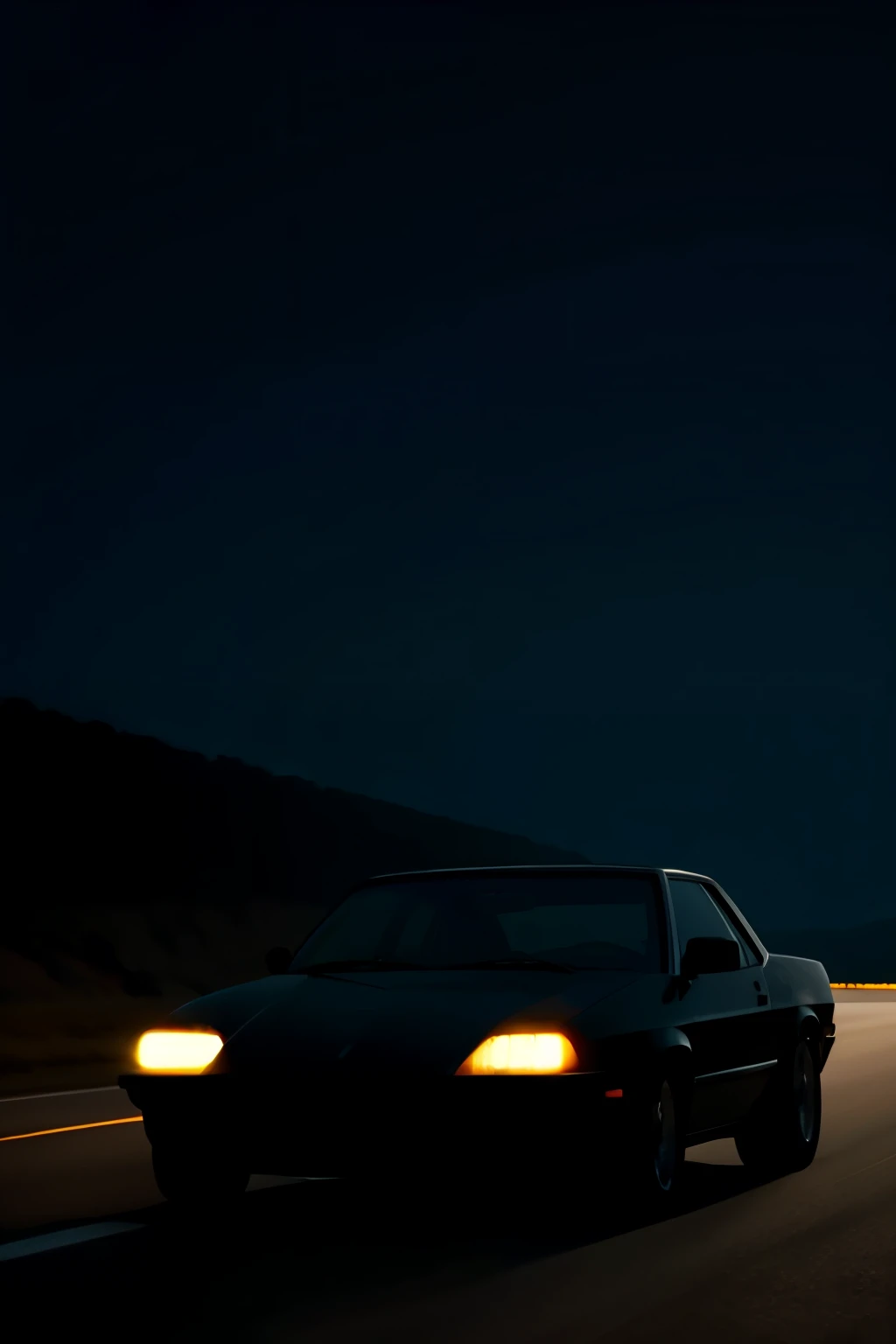 Create a suspenseful and mysterious scene on a deserted highway (A6) at night. A sleek, high-performance car speeds along the empty road, its headlights cutting through the darkness like ghostly apparitions. Inside the car, a figure dressed in all black sits calmly behind the wheel, navigating with precision. The atmosphere is tense yet serene, with the faint sound of the engine humming in the background. The scene should evoke a sense of clandestine movement, stealth, and a calculated escape.