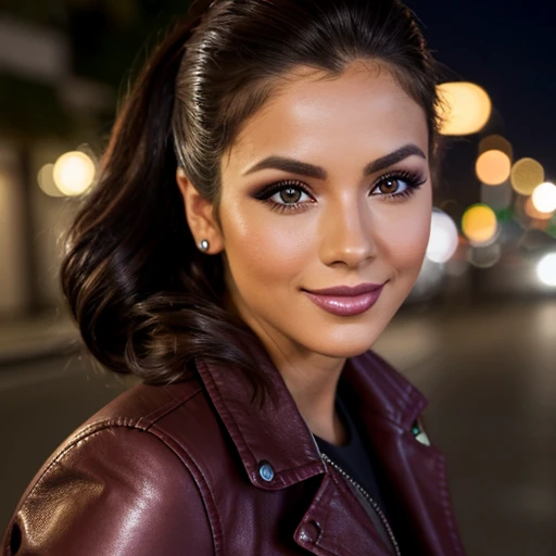 best quality, realistic, front pov, KristannaTX in a los angeles city street, (a female latina supermodel), (wine red leather jacket:1.1), seductive smile, (dark hair), (updo hair:1.0), perfect eyes, sharp details, detailed face, face makeup, cheeks blush, eyeliner, eyeshadows, lip gloss, supermodel, (deep focus), (hard lighting), (night time), (realistic lighting:1.0)