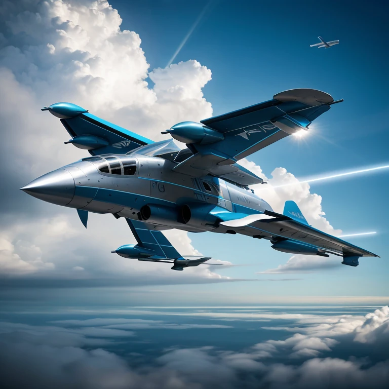 a majestic bird-like aircraft, futuristic aircraft, sleek aerodynamic design, metallic silver body, glowing blue engines, sweeping wings, dynamic flying pose, cinematic lighting, dramatic shadows, photorealistic 8k, intricate details, cinematic composition, awe-inspiring sci-fi aesthetics, vibrant colors, seamless blending of organic and mechanical elements, masterpiece digital art