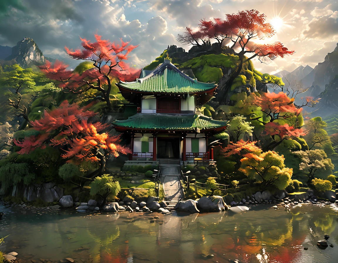a National Geographic picture of dark Japanese medieval temple, as the ((sun rises in the horizon: 1.1)), it sits on the bank of a river near surrounded by cherry trees, almond trees, Japanese maple trees, (all trees in many colorful shades of green, red, pin, orange: 1.5) ((all scenery is reflected in the river: 1.5)), an epic ancient Japanese medieval temple, ancient and epic in its majestic antiquity, a sense of serenity, tranquility, divine rays, some clouds, sun rays, (highest quality:1.2, Very detailed, up to date, Vibrant, Ultra-high resolution, High Contrast, masterpiece:1.2, highest quality, Best aesthetics), best details, best quality, highres, ultra wide angle, 16k, [ultra detailed], masterpiece, best quality, (extremely detailed: 1.5), Cinematic Hollywood Film, dark novel