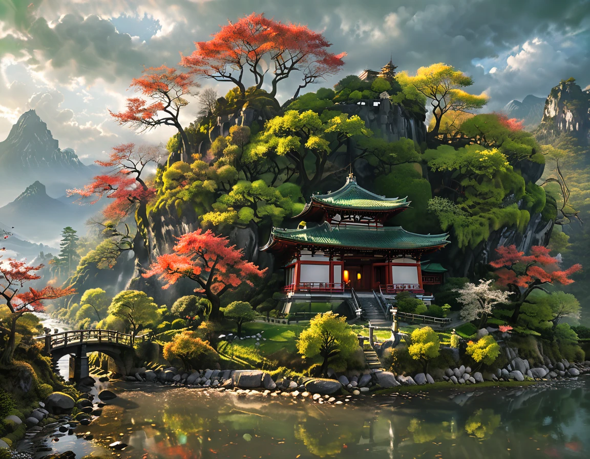 a National Geographic picture of dark Japanese medieval temple, as the ((sun rises in the horizon: 1.1)), it sits on the bank of a river near surrounded by cherry trees, almond trees, Japanese maple trees, (all trees in many colorful shades of green, red, pin, orange: 1.5) ((all scenery is reflected in the river: 1.5)), an epic ancient Japanese medieval temple, ancient and epic in its majestic antiquity, a sense of serenity, tranquility, divine rays, some clouds, sun rays, (highest quality:1.2, Very detailed, up to date, Vibrant, Ultra-high resolution, High Contrast, masterpiece:1.2, highest quality, Best aesthetics), best details, best quality, highres, ultra wide angle, 16k, [ultra detailed], masterpiece, best quality, (extremely detailed: 1.5), Cinematic Hollywood Film, dark novel