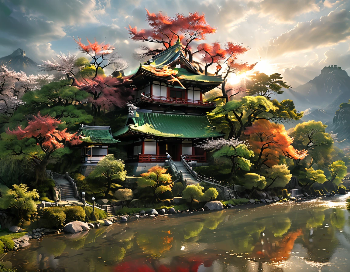 a National Geographic picture of dark Japanese medieval temple, as the ((sun rises in the horizon: 1.1)), it sits on the bank of a river near surrounded by cherry trees, almond trees, Japanese maple trees, (all trees in many colorful shades of green, red, pin, orange: 1.5) ((all scenery is reflected in the river: 1.5)), an epic ancient Japanese medieval temple, ancient and epic in its majestic antiquity, a sense of serenity, tranquility, divine rays, some clouds, sun rays, (highest quality:1.2, Very detailed, up to date, Vibrant, Ultra-high resolution, High Contrast, masterpiece:1.2, highest quality, Best aesthetics), best details, best quality, highres, ultra wide angle, 16k, [ultra detailed], masterpiece, best quality, (extremely detailed: 1.5), Cinematic Hollywood Film, dark novel