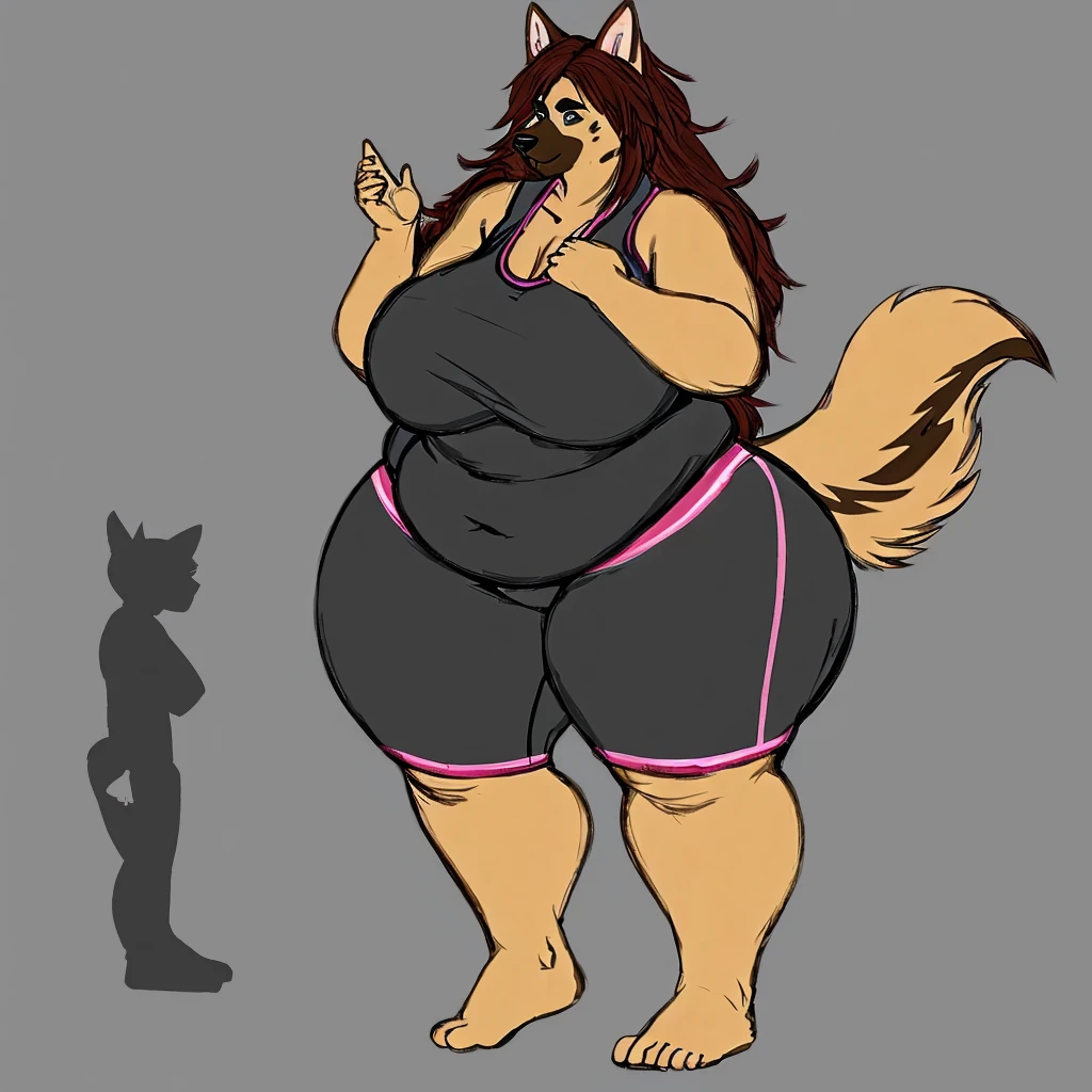 German Shepherd, female, long hair, huge breasts, huge hips, huge thighs, plump, voluptuous, obese, sports bra, sports shorts, simple background, barefoot,fat arms, fat legs, belly rolls,messy hair , wide silhouette