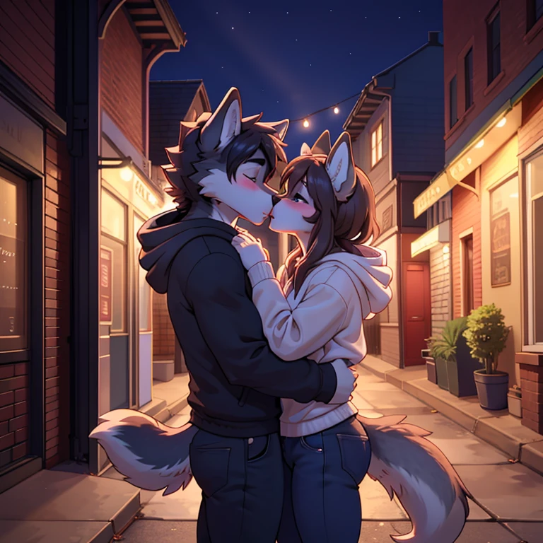 Masterpiece, best quality, One anthro furry wolf girl, One anthro furry wolf boy, an all brown anthro wolfs, anthro boy wears blue hoodie and black farmer jeans, anthro girl wears , anthro girl close her eyes, anthro boy close his eyes, kissing, blushed faces, romantic atmosphere, in the street